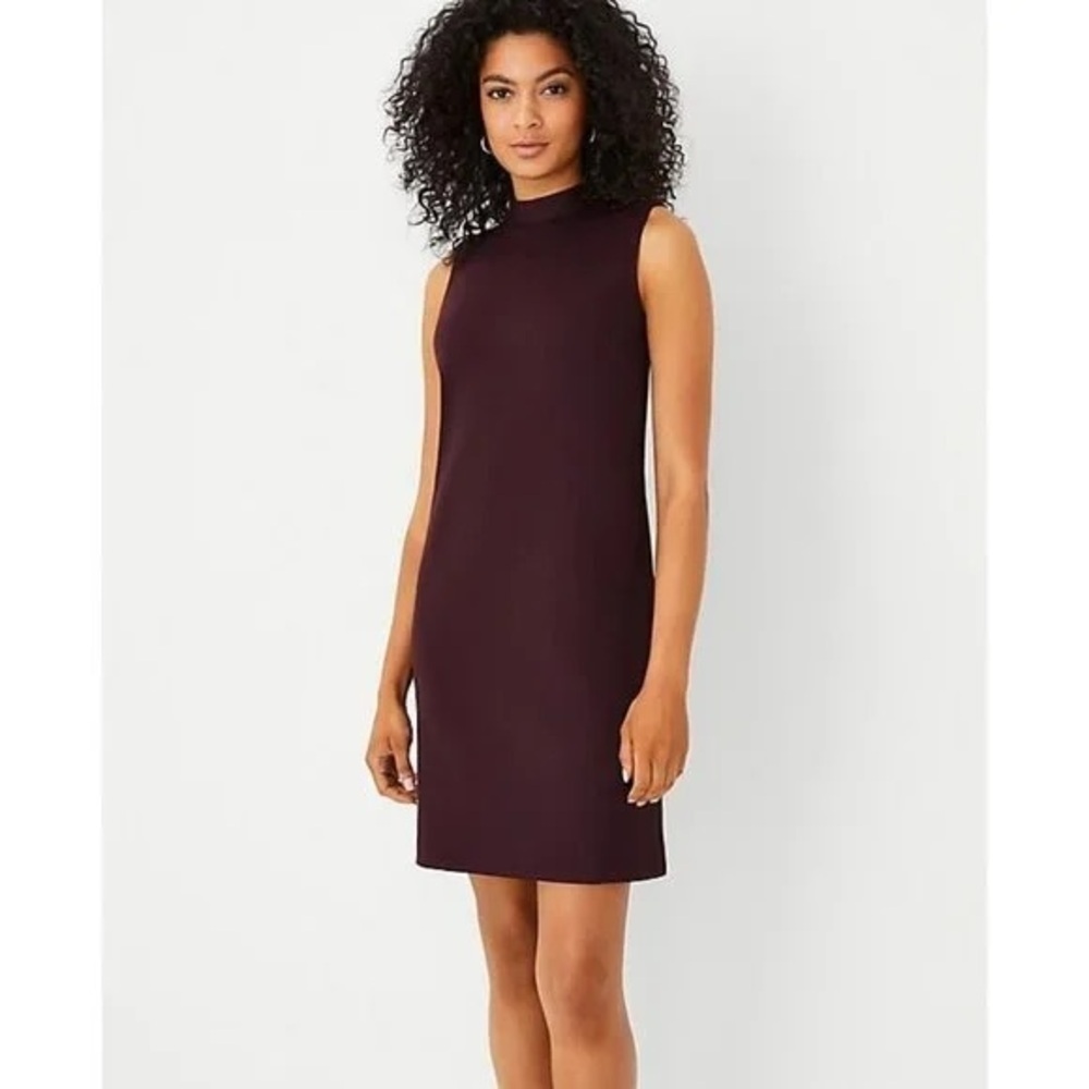 NWT Ann Taylor sz 2 The Mock Neck Dark Purple Eggplant Shift Dress Double Knit